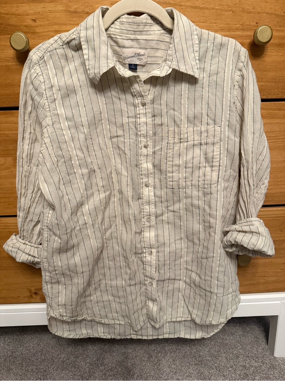 Universal Thread Cream Button-Down Shirt with Thin Black Stripes